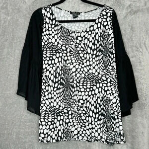 Robert Louis 1X Shirt Top Black White Polka Dot Flared 3/4 Sleeve Round Neck
